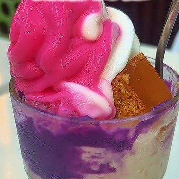 Halo halo with ube ice cream, leche flan and shaved ice